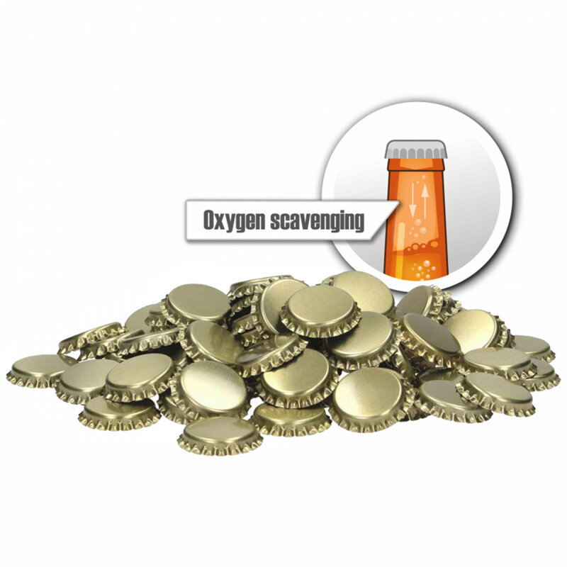 Korunkové uzávery 26 mm zlaté – 10 000 ks – s pohlcovaním kyslíka Korunkové uzávery 26 mm zlaté – 10 000 ks – s pohlcovaním kyslíka